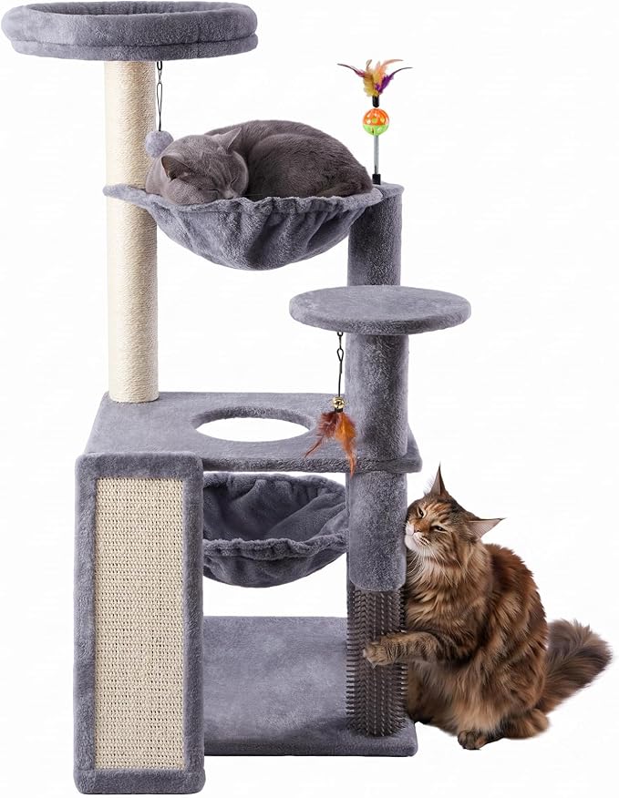 Multi-Level Cat Tree for Indoor Cats, Cat Tree Tower with Big Cat Hammock and Self-Grooming Brush, Cat Tower with Scratch Ladder, Indoor Climbing Activity Tower with Scratching Posts, Grey