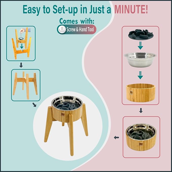 Slow Feeder Dog Bowl for Large Dogs - Elevated Food Stand, Collapsible | Raised Dog Bowl with Anti-Choking Insert, 12-Inch High, Anti-Wobble Lock, Resist Tipping - Stainless Steel, Bamboo