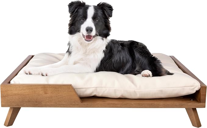 PETMAKER Elevated Dog Bed for Medium to Large Pets, Natural, 36” x 29.5” | Indoor Medium Dog Bed with Solid Wood Frame and Soft Cushion, Mid-Century Modern Raised Pet Furniture