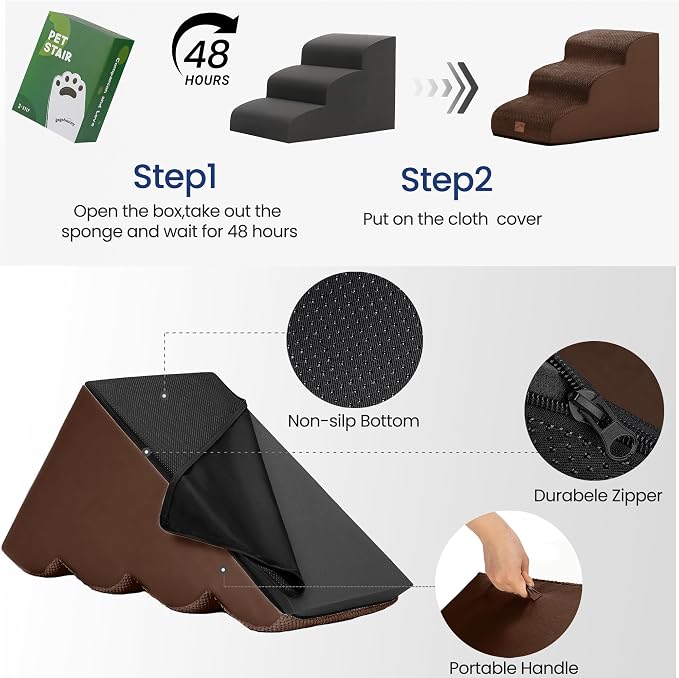 GoGoBunny Ramp Dog Stairs for High Beds 24.4" H, 5-Step Extra Wide Dog Slope Stairs with Durable Waterproof Fabric Cover, Pet Steps for Old Large Dogs Climbing, Non-Slip Sturdy Indoor Step, Brown