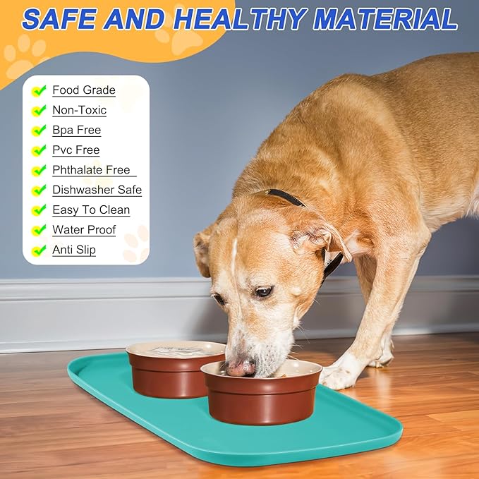SMILOOL Waterproof Silicone Pet Food Mat with Raised Edge for Dog & Cat | 19" x 12" Non-Slip Pet Feeding Mats with Lip for Food & Water Bowl, Food Grade, Easy Cleaning, Dark Turquoise