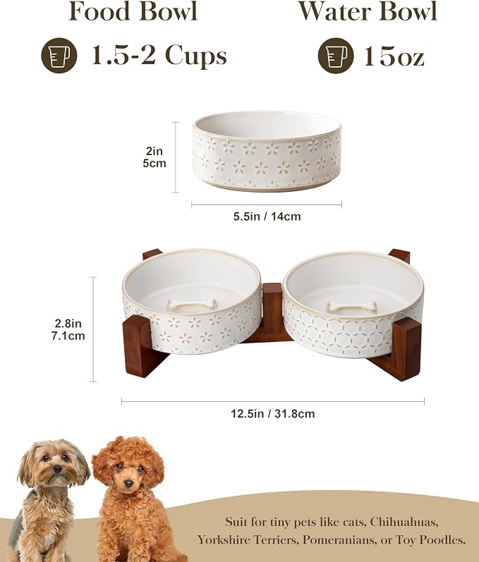 MALACASA Dog Bowl Set, Ceramic Bowls with Walnut Wood Stand, 1.5 Cups | Five-Leaf Grass and Honeycomb Design, Non-Slip Base, for Cats and Dogs, About 26% Heavier than Similar Ceramic Bowls