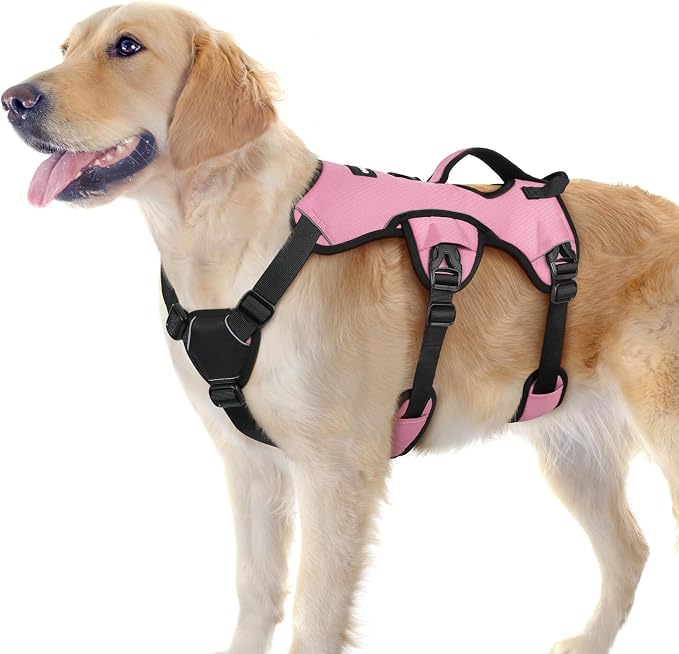rabbitgoo Escape Proof Dog Harness for Large, No Pull with Lift Handle | No Escape, Full Soft Padded, Reflective Adjustable Vest, Leash Clip for Walking Hiking Training, Pink, Large
