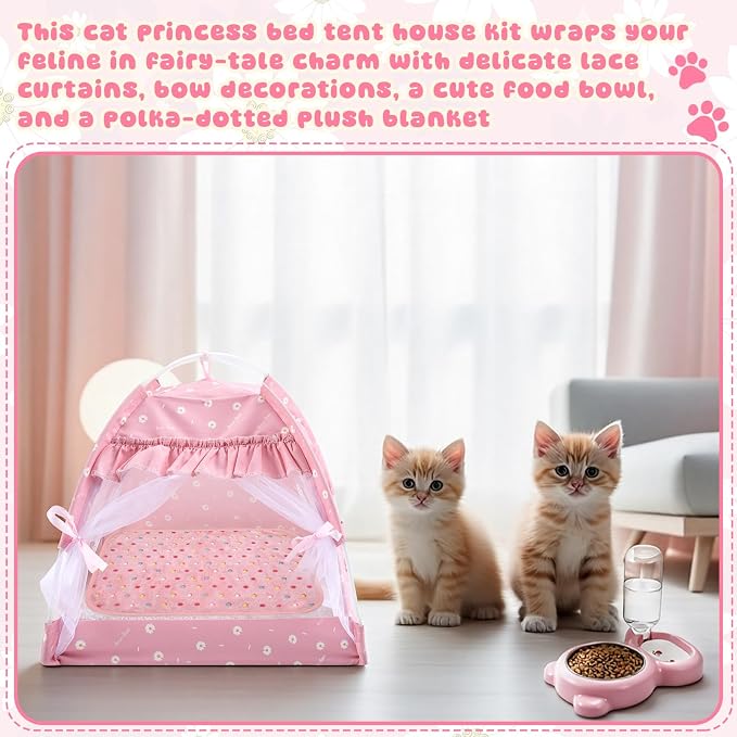 BreezeHug Cat Tent Bed with Bowl Water Dispenser Washable Cushion Blanket, Pink Princess Indoor Pet House Small Dog Bed Puppy Nest for Kitten Teacup Chihuahua Yorkie Maltese, 13.78 x 13.78 x 13.78 in