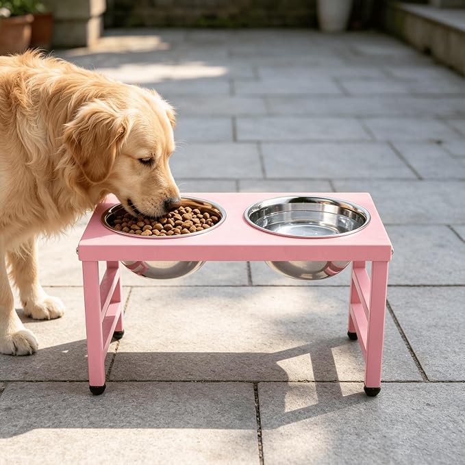 Raised Dog Bowl Stand 10 Inch Tall, Elevated Pet Feeder with 2 Stainless Steel Bowls (1700ml/58oz) & Anti-Spill Silicone Mat for Large Dogs, Stable Metal Frame Feeding Station, Pink