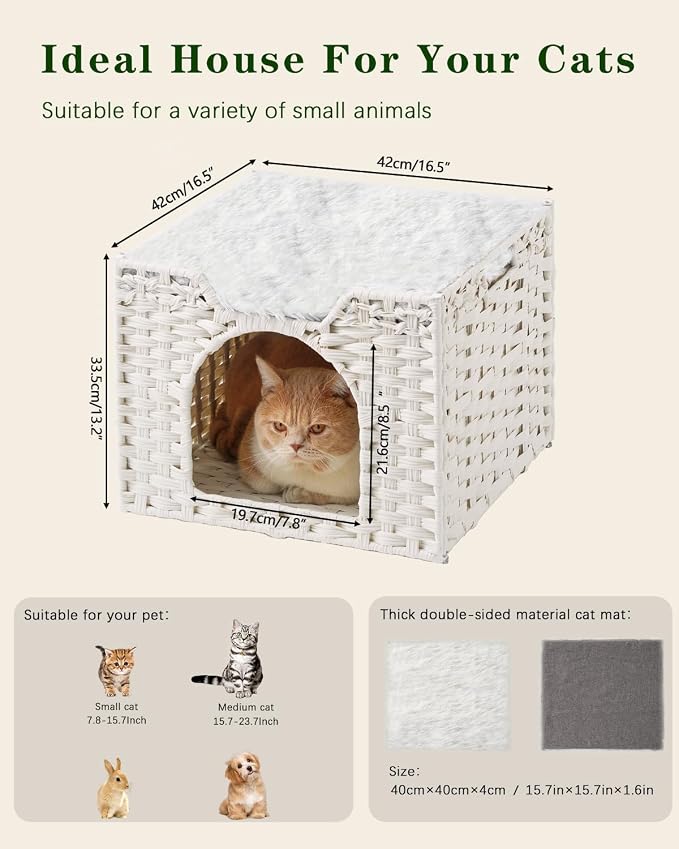 SETVSON Cat Beds Indoor Kitten House, Handwoven Rattan Cave, White | 2-in-1 Kitty Condo with Top Perch & Bottom Cave, Furry Canvas Dual Cushion, 2 S-Hooks, Steel Frame, 16.5x16.5x13.2 In