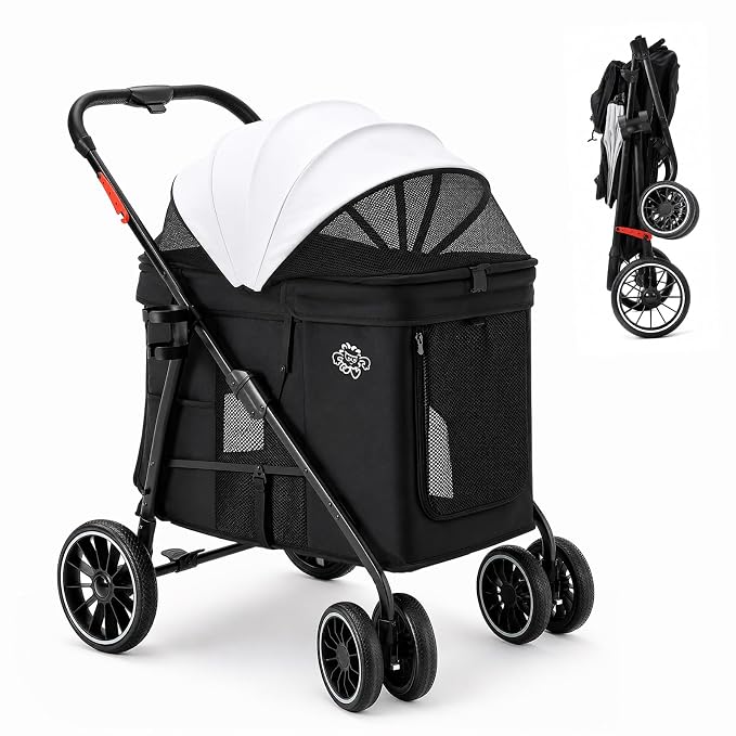 Dog Stroller for Medium Dogs, 4 Wheels Pet Stroller for 2 Small Dogs or 1 Medium Dogs, Cat Stroller Up to 80 lbs, Dual Entry Design, Foldable Design, Sun Shades, Breathable Mesh, Black