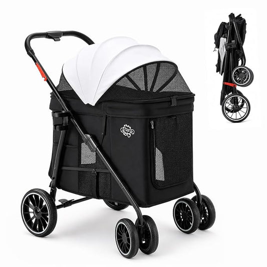 Dog Stroller for Medium Dogs, 4 Wheels Pet Stroller for 2 Small Dogs or 1 Medium Dogs, Cat Stroller Up to 80 lbs, Dual Entry Design, Foldable Design, Sun Shades, Breathable Mesh, Black