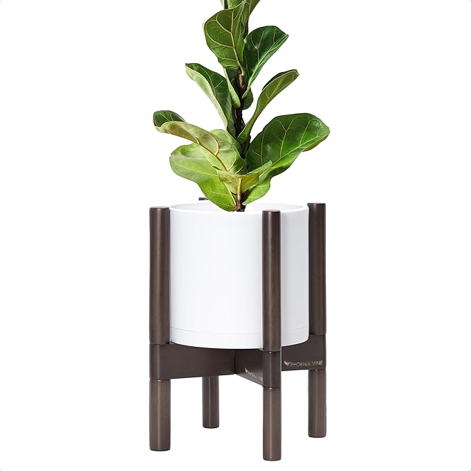D'vine Dev Plastic Pot with Walnut Wood Stand, White, 8 in, 55-C-I-1 | Mid-Century Inspired Design, Elevated Plant Display, Clean Lines, Sturdy Support, Modern Space-Saving Style