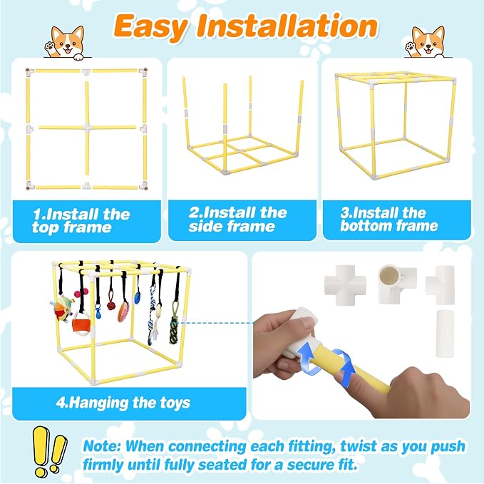 Puppy Play Gym with 17 Hanging Toys, Small Dog Indoor Enrichment Jungle Gym | Interactive Activity Center for Energetic Puppies & Cats, Teething Squeaky Toys, Bungee Straps & 22 in PVC Frame Playground