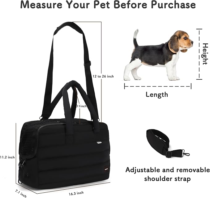 Dog Purse Carrier for Small Dog Cat Rabbit up to 13 lbs, Lightweight Portable Soft Sided Pet Purses, Quilted Puffy Tote Puppy Carrier with Large Pockets for Hiking, Travel, Vet Black