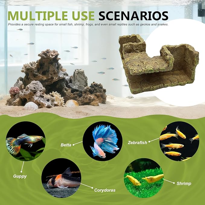 Aquarium Cave for Betta & Shrimp – Artificial Rock Hideout, Corner-Friendly Fish Tank Decor with Interactive Hiding Spots & Exploration Tunnel for Small Fish