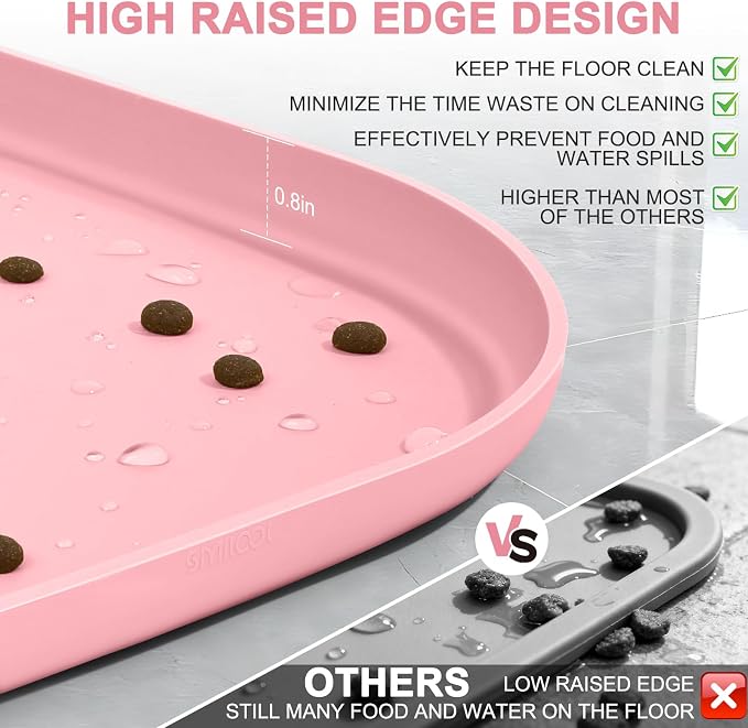 SMILOOL Waterproof Silicone Pet Food Mat with Raised Edge for Dog & Cat | 22" x 14" Non-Slip Pet Feeding Mats with Lip for Food & Water Bowl, Food Grade, Easy Cleaning, Sakura Pink