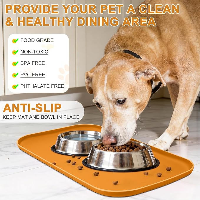 SMILOOL Waterproof Silicone Pet Food Mat with Raised Edge for Dog & Cat | 19" x 12" Non-Slip Pet Feeding Mats with Lip for Food & Water Bowl, Food Grade, Easy Cleaning, Orange