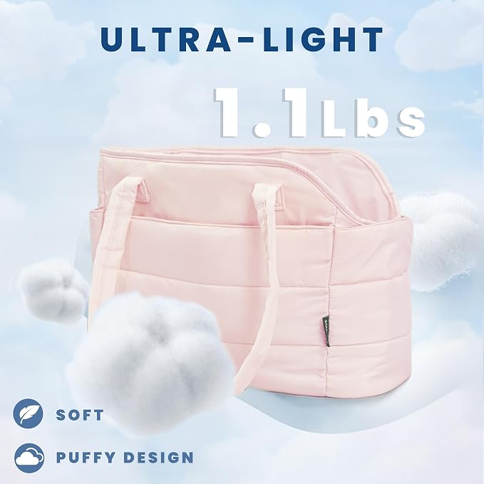 Lightweight Puffy Dog Purse Carrier for Small Dogs, Pink | Quilted Pet Carrier Tote with Safety Leash Clip, Storage Pockets and Removable Base, for Pets Up to 15 lbs, Pink