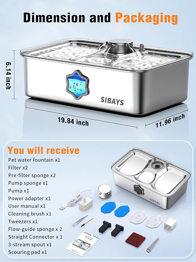 SIBAYS 4.5Gal/17L Dog Water Fountain for Large Dogs, Large Capacity Stainless Steel Pet Water Fountain, Automatic Quiet Dog Water Bowl Dispenser with Water Level & LED Light, Easy to Clean FS86
