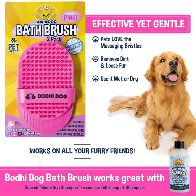 Bodhi Dog Shampoo Brush - Pet Grooming & Bath Supplies for Dogs and Cats - Bath Brush for Long & Short Hair - Premium Scrubber for Shower, Showerhead, Sprayer & Bathing (Two Pack, Pink)
