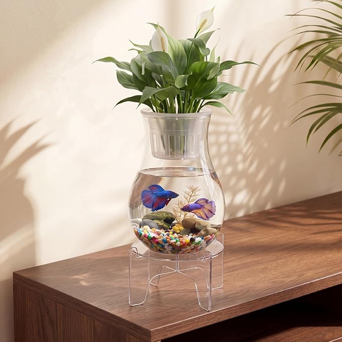 Thenshop 1 Gallon Plastic Aquaponic Planter and Aquarium Betta Bowl Fish Aquariums Small Fish Tank with Base and Top Promotes Healthy Hydroponic Environment for Plants (Spherical)