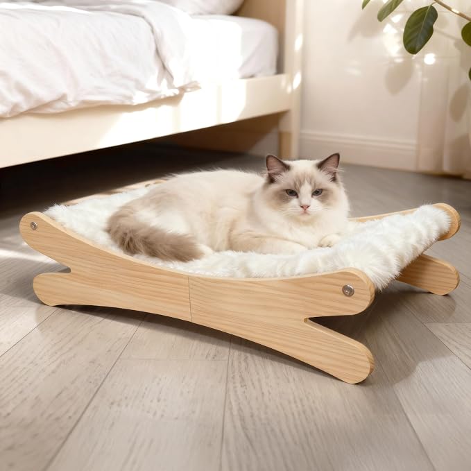 Plush Elevated Cat Bed - Cozy Raised Cat Hammock with Solid Wood Frame, Soft Furry Cushion for Indoor Cats & Small Dogs, Multi-Color Options(White)