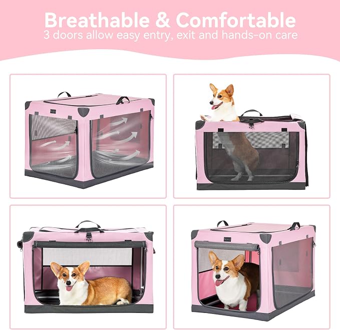 PETSFIT 30" Soft Portable Dog Crate – Patented Spiral Sturdy Frame, Collapsible Travel Kennel for Medium Dogs, 3 Mesh Door, Lockable Zippers, Indoor & Car Use Pink