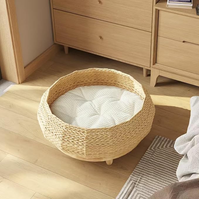 SHENGOCASE Extra Large Handwoven Paper Rope Wicker Rattan Pet Cat Dog Nest Basket Bed, Elevated Couch with Wooden Base, Cozy Cushion for Maine Coon, Indoor