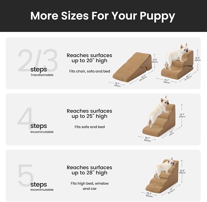 Gardner Pet Dog Stairs for Small Dogs 16.5" H, 2 in 1 Transformable 3-Step Pet Stairs and Dog Ramp for Couch (13-20 in), Brown Adjustable Pet Steps with Non-Slip Waterproof Cover and CertiPUR-US Foam