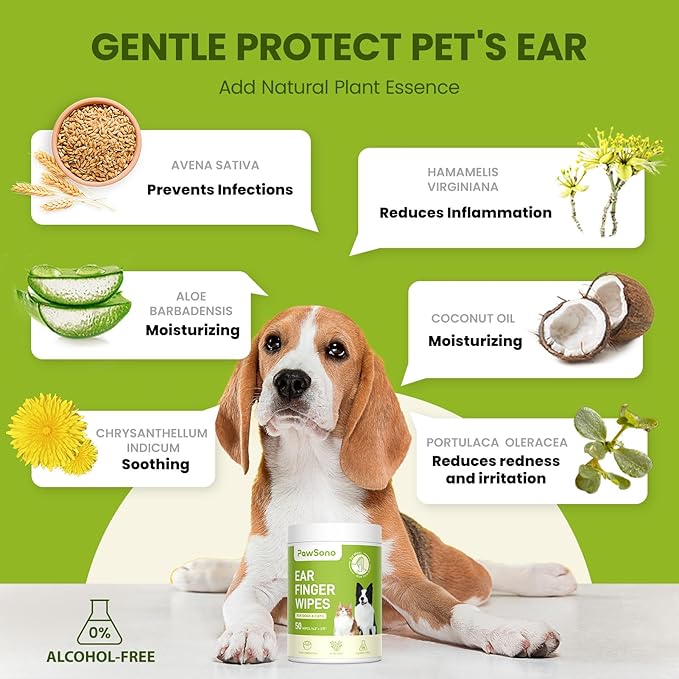 PawSono Ear Finger Wipes for Dogs & Cats, Thicker Dog Ear Cleaner Wipes, Natural Relief Cat Ear Cleaner Dog, Pet Health Supplies for Dog Kitten Small Animal, Aloe Scent Deodorizing - 100 Count