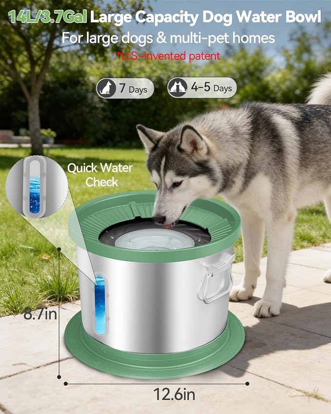 UPSKY 14L No Spill Dog Water Bowl, Stainless Steel Spill Proof Dog Bowl with Water Window, Dual-Suction Anti-Slip Large Capacity Slow Drinking Bowl with Floating Disk for Large Dogs & Messy Drinkers | Extra-large Capacity, 304 Stainless Steel, Dual-suc...