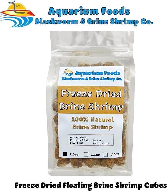 Aquatic Foods Inc. Brine Shrimp, Freeze Dried Floating Brine Shrimp Cubes for All Tropical Fish, Marine Fish, Discus, Cichlids, Koi & Pond Fish, Turtles…2oz Clear Bag