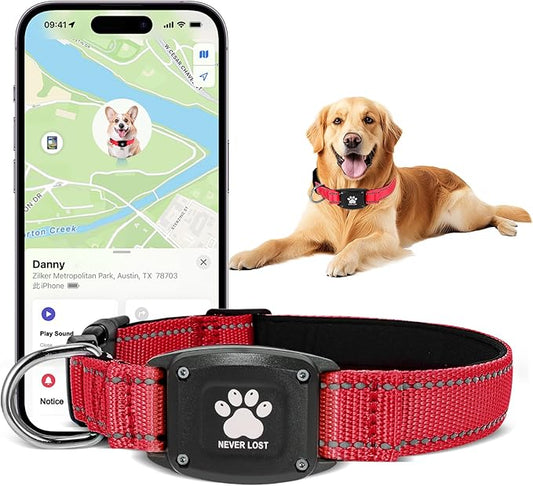 GPS Dog Collar Tracker 2-in-1,Reflective Waterproof Pet Collar,iOS-Only,No Monthly Fees,Unlimited Range,Dog Tracking Collar Pet Tracker,for Small Medium Large Dogs(L (16.6"-24"), Red)