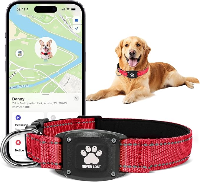 GPS Dog Collar Tracker 2-in-1,Reflective Waterproof Pet Collar,iOS-Only,No Monthly Fees,Unlimited Range,Dog Tracking Collar Pet Tracker,for Small Medium Large Dogs(XS (10.6"-13.6"), Red)