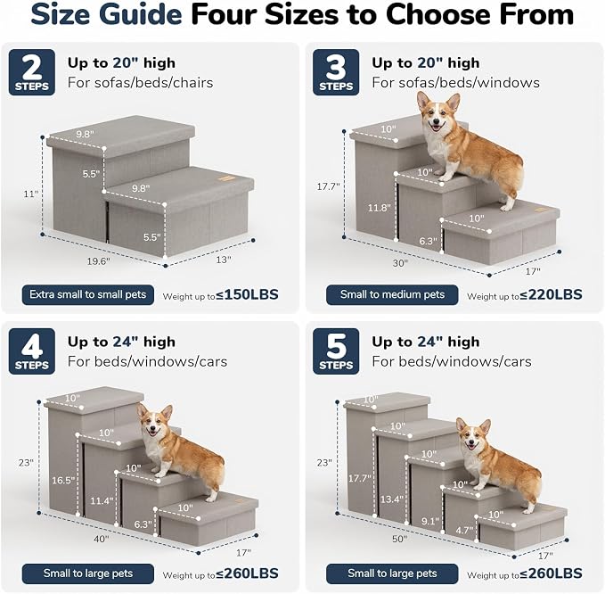 2-Step Wide Dog Stairs with Storage 11" H, Non-Slip Sturdy Pet Steps for Couch Chair, Dog Steps for Small/Medium Old Dogs, Cats, Rabbits Up to 150lbs, Foldable Cat Puppy Stairs for Car, Grey