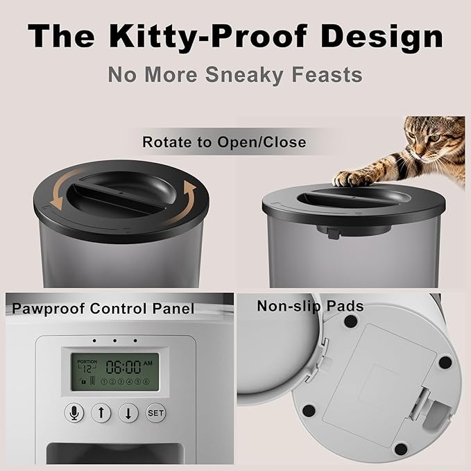 4.2L Automatic Cat Feeder,6 Meals/Day,Dual Power,Dry Pet Food Autofeeder Portion Control,Timer Setting,10S Voice Record (Transparent White, Stainless Steel Bowl)
