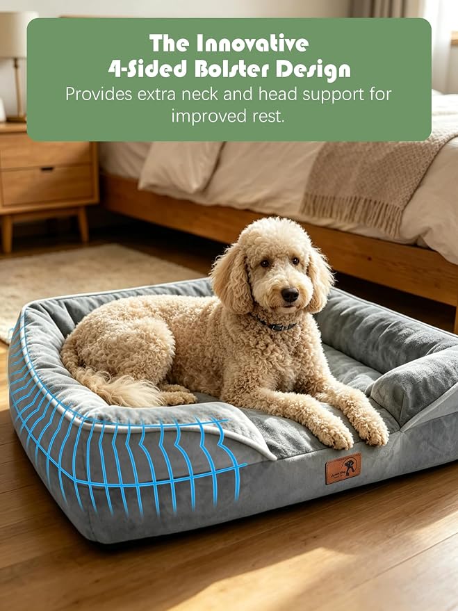 Spotted Play Orthopedic Dog Bed with Sides - Dog Sofa Beds for Large Dogs, Supportive Foam Pet Couch Bed with Washable Removable Cover, Waterproof Lining and Non-Slip Bottom, Grey - L-Plus