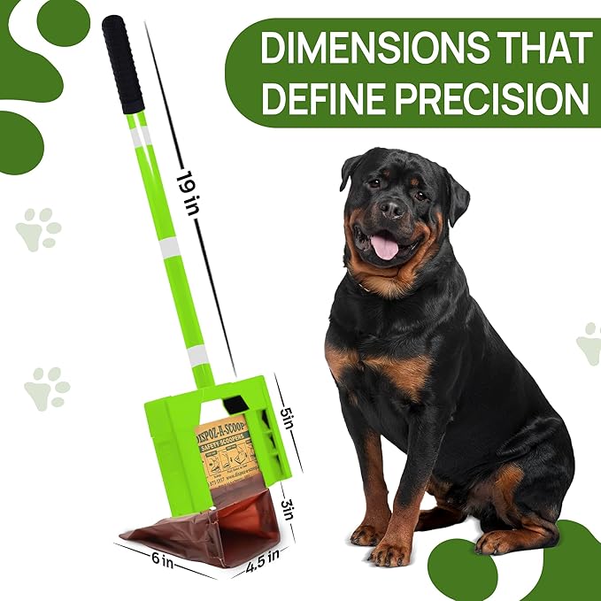 Dispoz-A-Scoop® Revolutionary 4-in-1 Dog Poop Scooper, 24" Handle & 8 Refill Bags - Fast, Easy, Clean with Disposable Bag Attachment, Just Scoop & "Pop" into trash. U.S.A, Always Stays Clean.