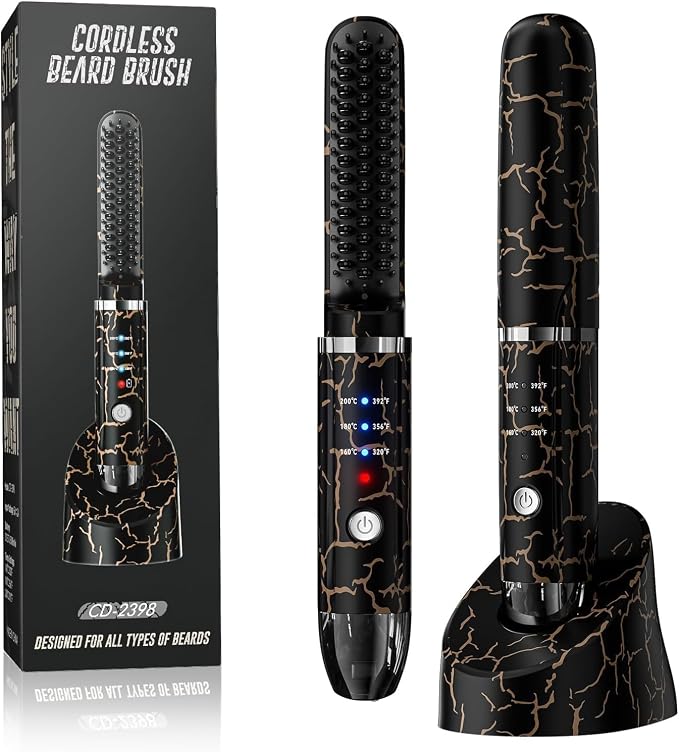 Beard Straightener for Men, Cordless Heated Beard Brush, Portable Beard Hot Combs, Ionic Mini Hair Straightener with 3 Temp Settings, Coarse Curly Hair Brush, Grooming Kit for Men