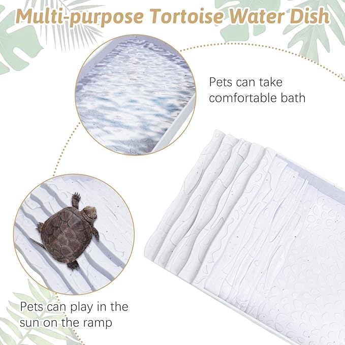 PINVNBY Reptile Bathing Pool Plastic Tortoise Food Dish with Ramp Leaf Reptile Food Dish & Water Bowl Tortoise Habitat Accessories for Frog Lizard Box Turtle (White)