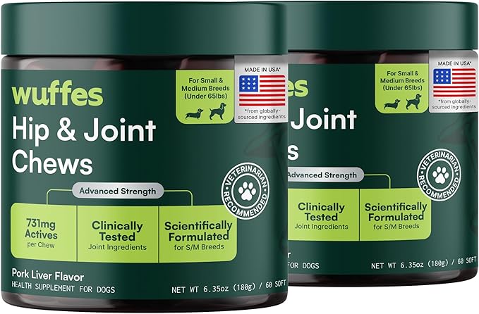 Wuffes Advanced Dog Hip and Joint Supplement with Glucosamine, Chondroitin, Omega 3, MSM, and Green Lipped Mussel, 120 Pork Flavored Chews for Small Dog Breeds