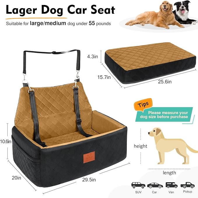 Dog Car Seat for Large Medium Sized Dogs, Washable Car Dog Bed Under 55 lbs | Dog Booster Seat for 2 Small Dogs, Elevated Cushion, Detachable Cover, Pet Car Seat with Storage Pockets, 2 Safety Belts