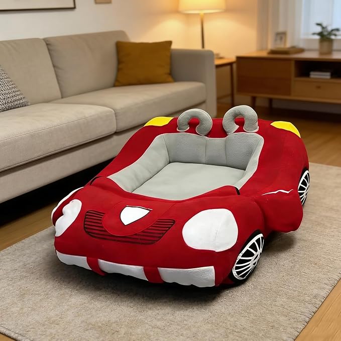 Fun Car Shaped Pet Bed Dog Beds Removable Pillow Washable Pet Bed Cat Beds Fulffy Anti-Slip Pet Sleeping Mat Accessories Indoor and Outdoor Large,Medium,Small Dogs Breeds (Red 2)