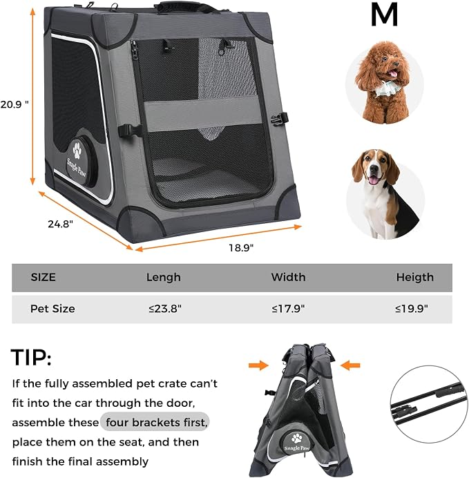 Snagle Paw Dog Car Crate for Back Seat, Portable, Medium, Gray | 3-point seat securement, breathable mesh, feeding windows, folds flat, for road trips, camping and vet visits
