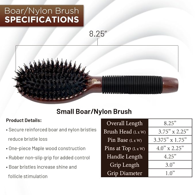 Kenchii Boar and Nylon Bristle Brush for Dog and Cat, Professional Grooming Brush with Maple Body, Lightweight, Non-Slip Rubber, Size Small