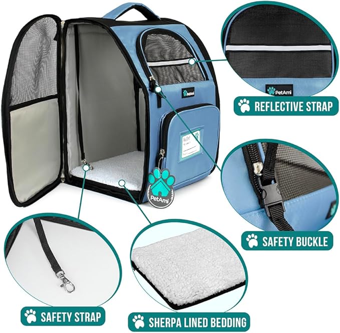 PetAmi Dog Backpack Carrier Airline Approved Cat Pet Puppy Bag, Light Blue | Ideal for Small Medium Large Pet up to 18 lb, 2 Side Entry Structured No-Collapse Frame, Ventilated Bookbag for Hiking Travel