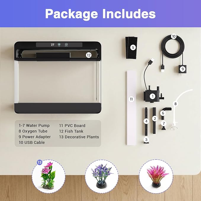 Fish Tank Starter Kit, 3 Gallon Smart Aquarium for Beta, 3-in-1 Silent Water Pump with Filteration & Circulation & Oxygenation, Temperature Display, 7 Colors LED Lights (Black)
