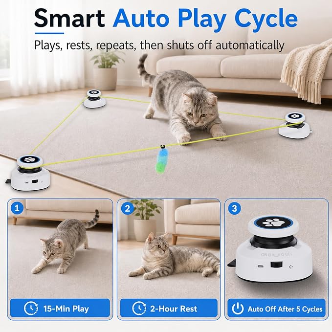 Automatic Cat Toy for Indoor Cats, Interactive Cat Chase Toy with Moving Feather Lure, DIY Floor Route Kit, Rechargeable Self-Play Cat Exercise Toy