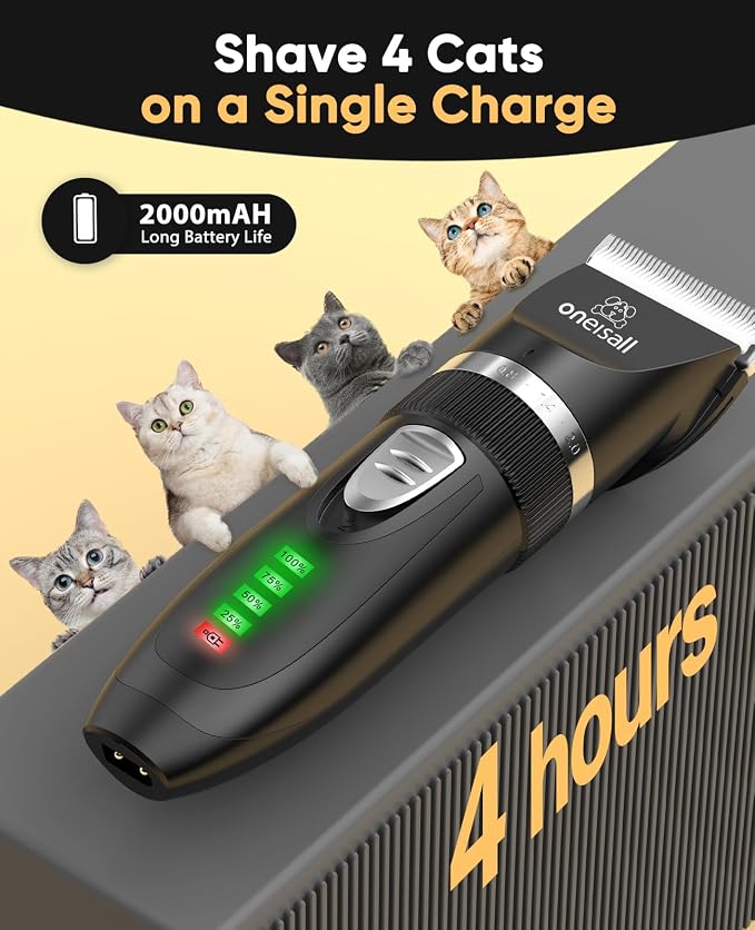 oneisall Quiet Cat Clippers for Matted & Long Hair 2-Speed Cat Grooming Kit | Cordless Pet Clippers for Cats, Small Dogs & Animals, 6 Guide Guards, 240mins Long Battery Life, With Scissors and Comb