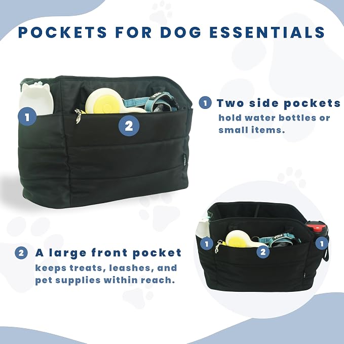 Lightweight Puffy Dog Purse Carrier for Small Dogs, Black | Quilted Pet Carrier Tote with Safety Leash Clip, Storage Pockets and Removable Base, for Pets Up to 15 lbs, Black
