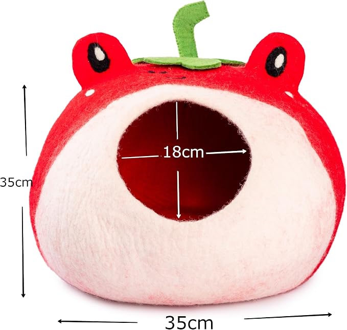 Luxurious Merino Wool Cat Cave - Foldable Hideaway Pod for Indoor Cats - Premium Felt Kitten Pet Enclosure - Covered Cat House for Ultimate Cozy Comfort by Woolygon (Red Frog)