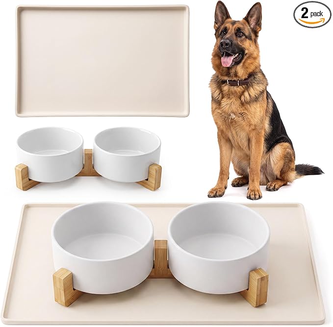 Ceramic Dog Bowl Food Water Bowl Set for Medium Dog with Wood Stand Waterproof Raised Edge Non-Slip Mat 3.6 Cups Glaze Weighted Feeding Dishes for Cat