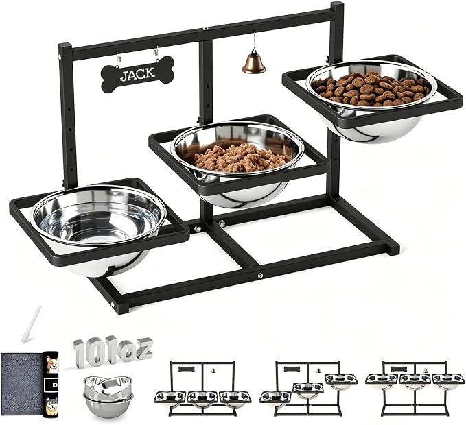 SHAINFUN Elevated Dog Bowls Stand for Large/Extra Large Dogs with Mat, 6 Height Adjustable Raised Dog Bowl, Three 101oz Food Water Bowls